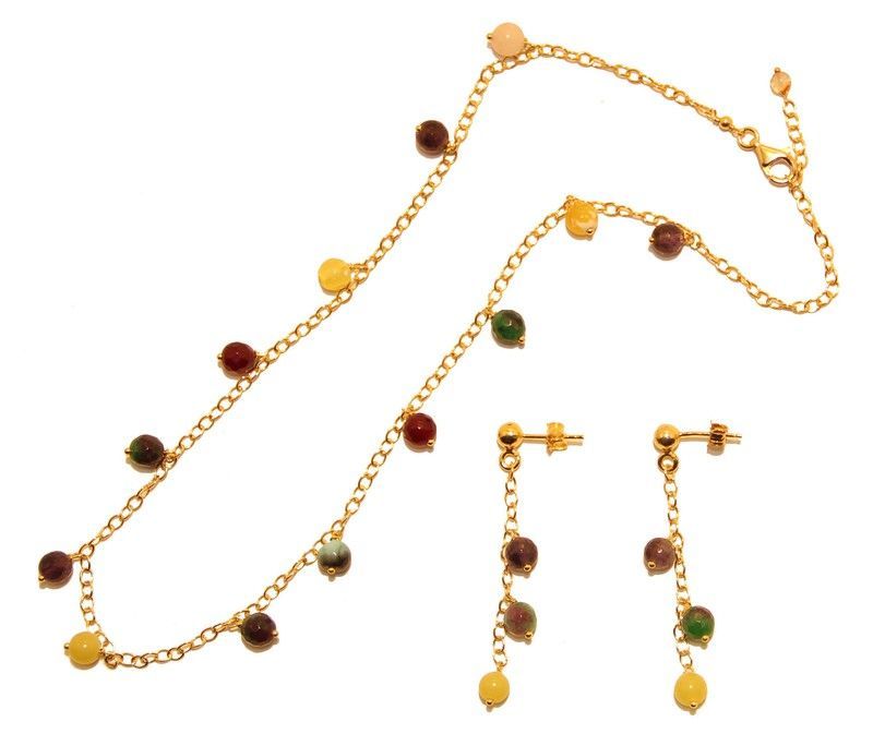 Conjunto collar, pulsera y pendientes de perla y cristal de roca rodado