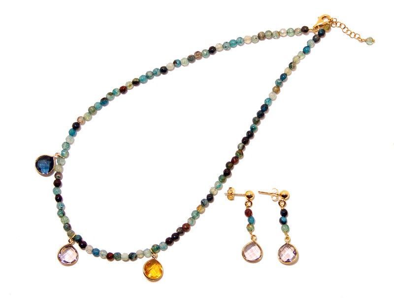 Conjunto collar y pendientes de agatas verdes con 3 lágrimas. Plata dorada.