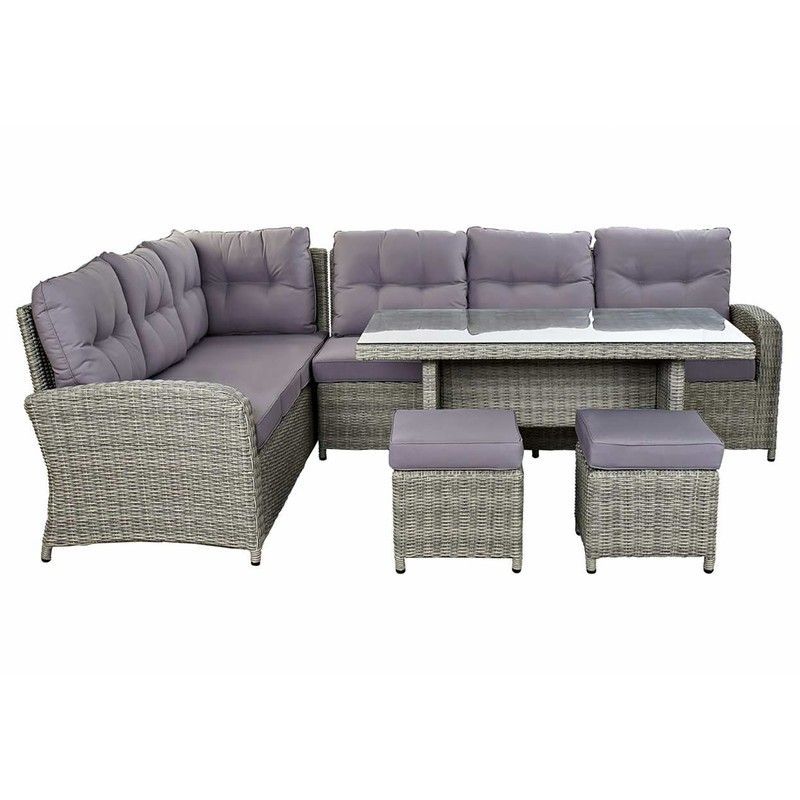 Conjunto de comedor de Jardín de Sofá Esquinero, 2 Taburetes y Mesa de Ratán Sintético Gris