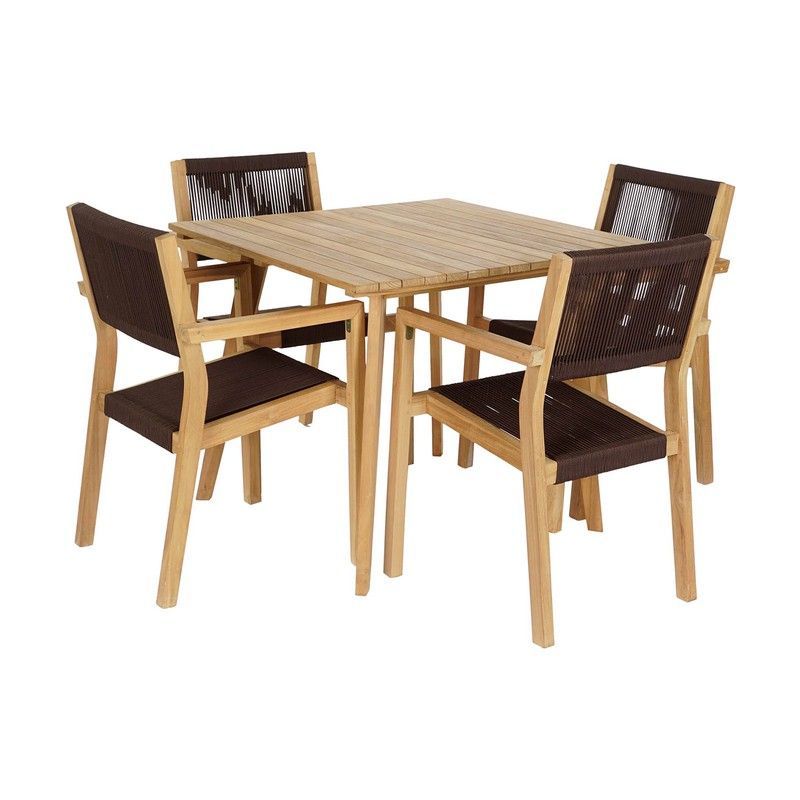 Conjunto de comedor para jardín  de madera de teca y cuerda en natural y marrón, 90 x 90 x 75 cm | Sea Side