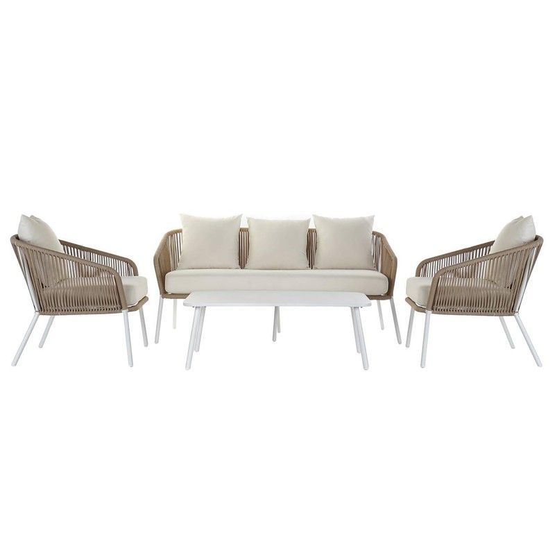 Conjunto de Jardín con Sofá de 3 plazas, 2 Sillones y Mesa de Aluminio y Cuerda Beige/Blanco
