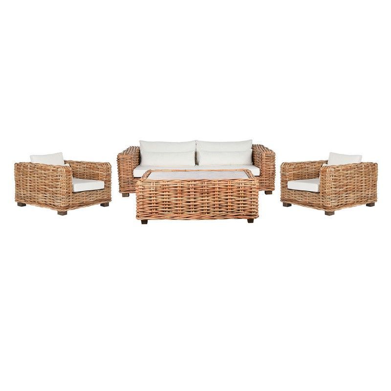 Conjunto de sofá para jardín de ratán y tejido en natural y beige, 220 x 98 x 64 cm | Indonesia
