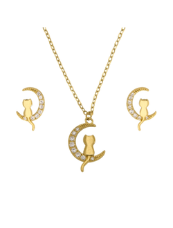 Conjunto Plata Dorada Mujer PJUE326/C Gato Sentado Media Luna C. Circonitas