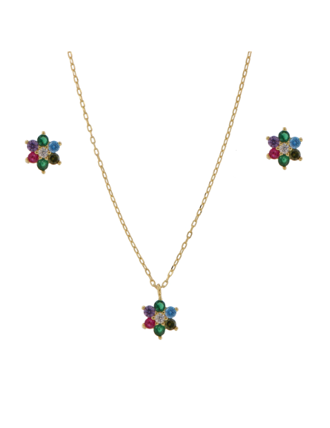 Conjunto Plata Dorada Mujer PJUE327/C Flor Circonitas Multicolor