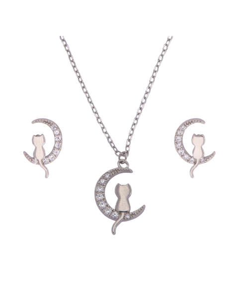 Conjunto Plata Mujer PJUE326 Gato Sentado Media Luna C. Circonitas