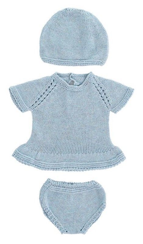 Conjunto punto 40 cm vestido y gorro  azul