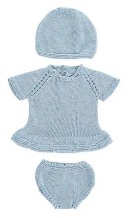 Conjunto punto 40 cm vestido y gorro  azul