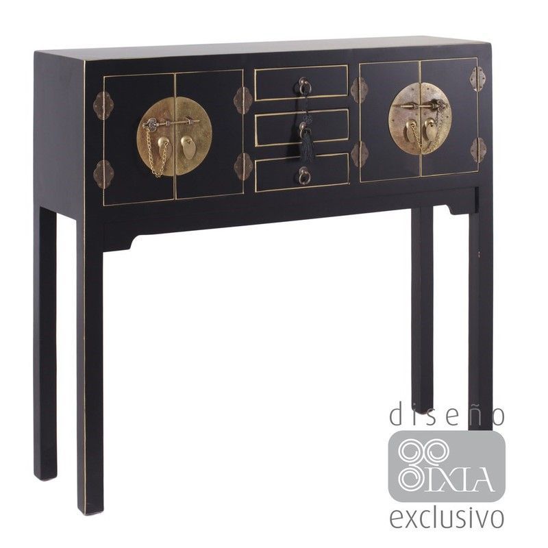 Consola de madera y metal en negro, 95 x 26 x 90 cm | Oriente