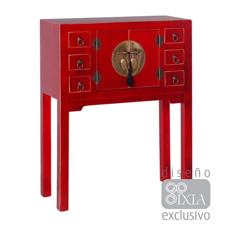 Consola de madera y metal en rojo, 63 x 26 x 80 cm | Oriente