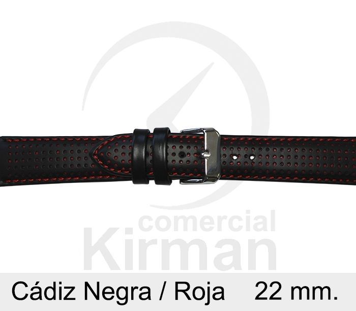 Correa Reloj Piel 22x75/115mm139131N-R Cadíz Negra/Roja Cierre Hebilla
