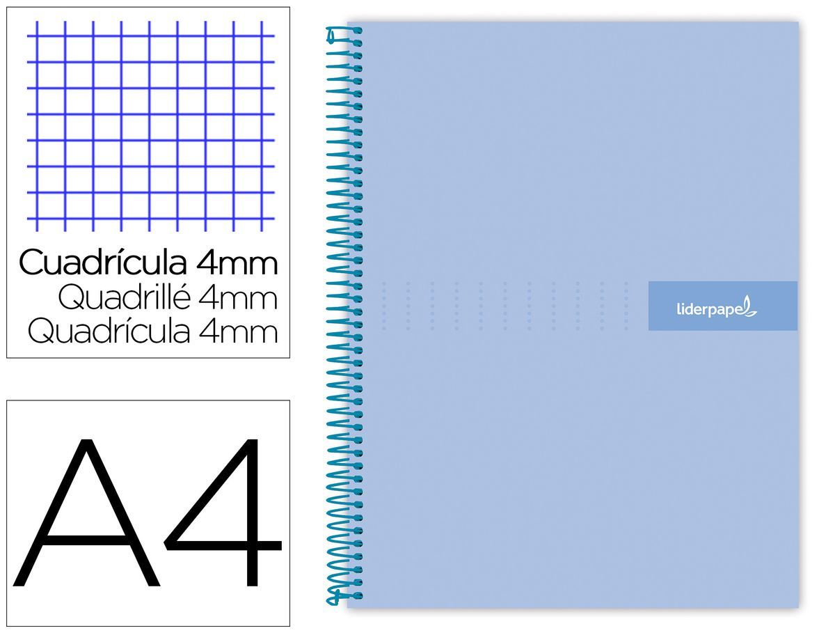 Cuaderno espiral liderpapel a4 crafty tapa forrada 80h 90 gr cuadro 4mm con margen color celeste