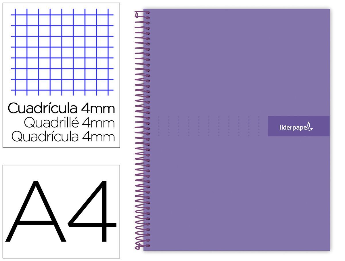 Cuaderno espiral liderpapel a4 crafty tapa forrada 80h 90 gr cuadro 4mm con margen color violeta