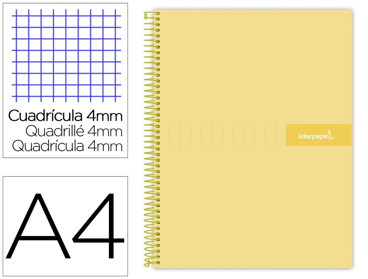Cuaderno espiral liderpapel a4 crafty tapa forrada 80h 90 gr cuadro 4mm con margen color amarillo