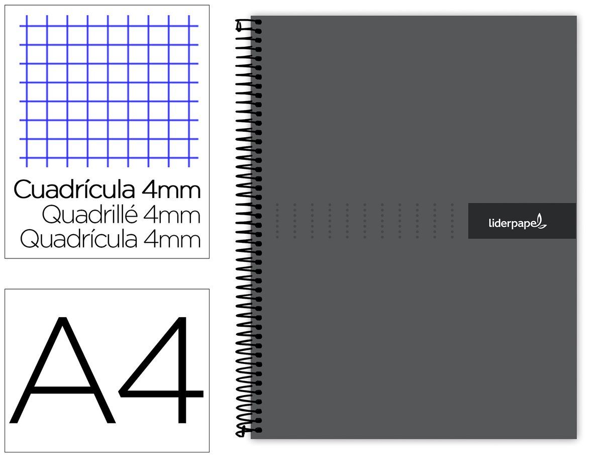 Cuaderno espiral liderpapel a4 crafty tapa forrada 80h 90 gr cuadro 4mm con margen color negro