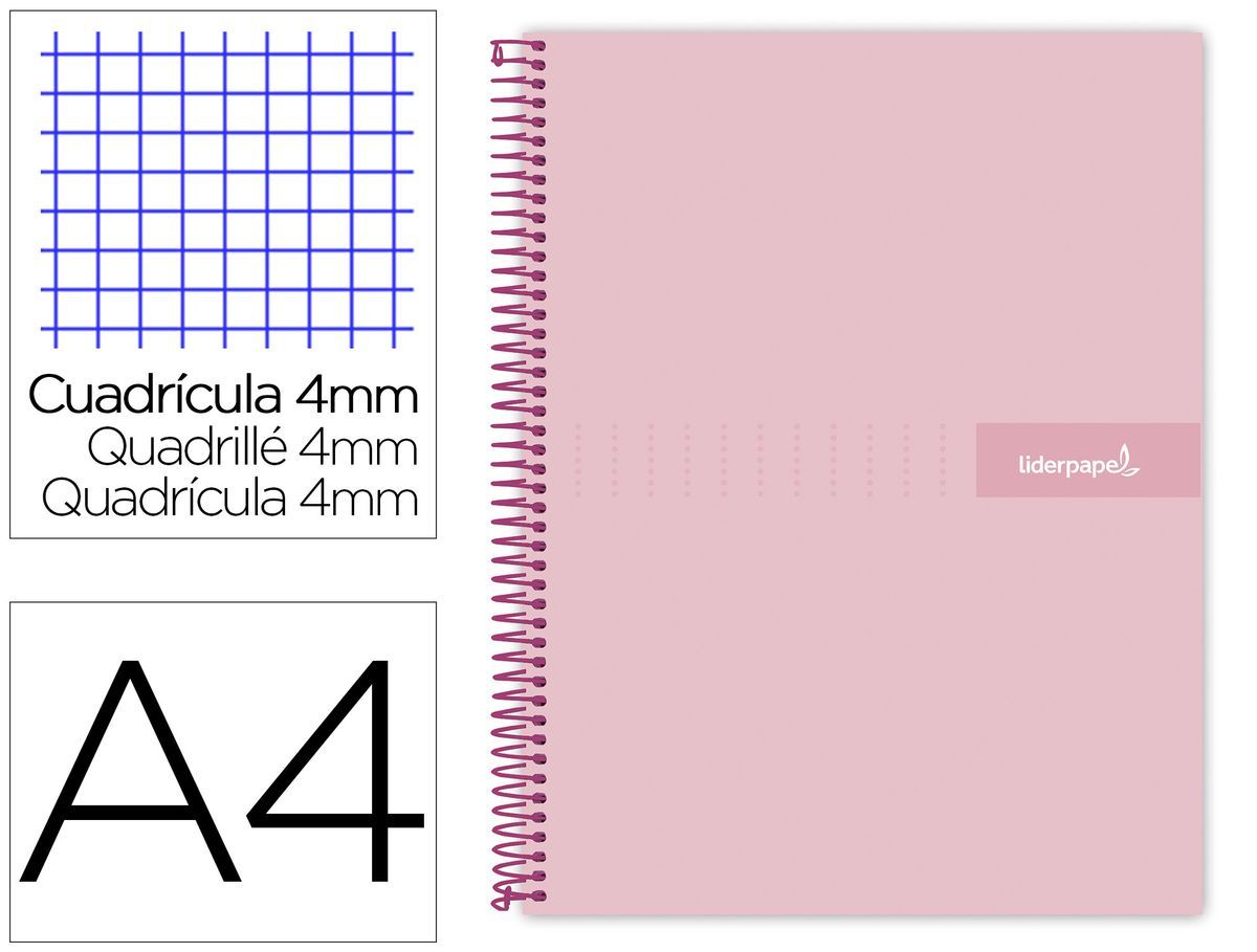 Cuaderno espiral liderpapel a4 crafty tapa forrada 80h 90 gr cuadro 4mm con margen color rosa