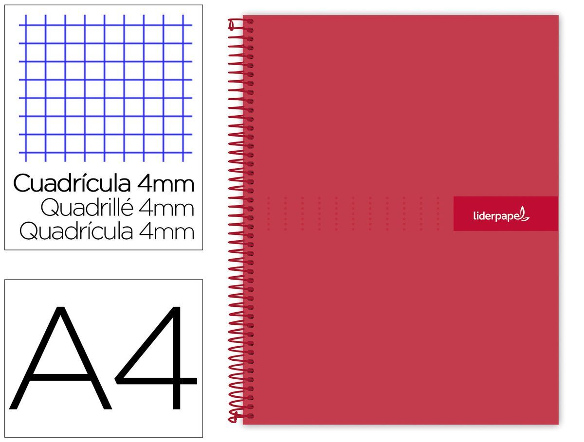 Cuaderno espiral liderpapel a4 crafty tapa forrada 80h 90 gr cuadro 4mm con margen color roja