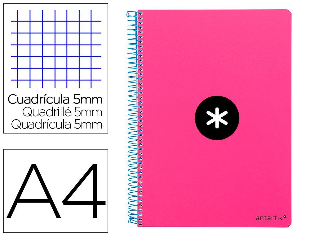 Cuaderno espiral liderpapel A4 micro antartik tapa dura 80h 90 gr cuadro 5mm sin bandas 4 taladros color rosa fluor.