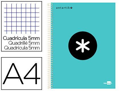 Cuaderno espiral liderpapel a4 micro antartik tapa forrada 120h 90 gr cuadro 5mm 5 banda4 taladros color menta