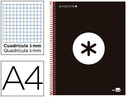 Cuaderno Espiral Liderpapel A4 Micro Antartik Tapa Forrada 120H 90 gr Cuadro5Mm 5 Bandas 4 Taladros Color Negro