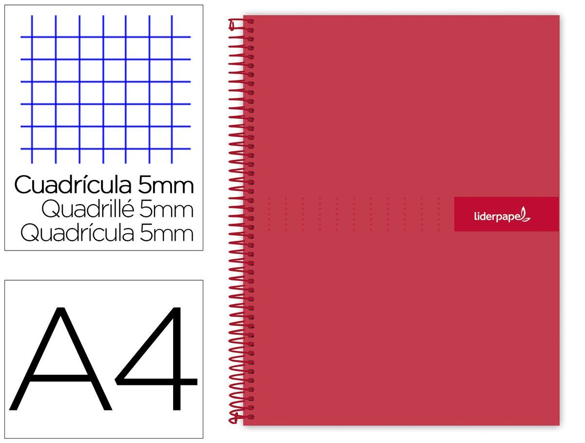 Cuaderno espiral liderpapel a4 micro crafty tapa forrada 120h 90 gr cuadro 5 mm 5 bandas 4 colores color rojo