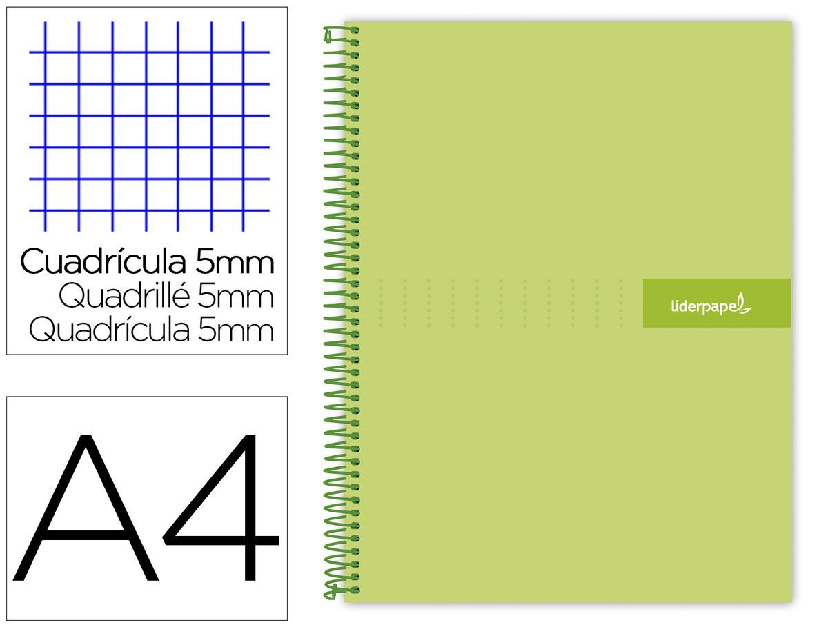 Cuaderno espiral liderpapel a4 micro crafty tapa forrada 120h 90 gr cuadro 5 mm 5 bandas 4 colores color verde