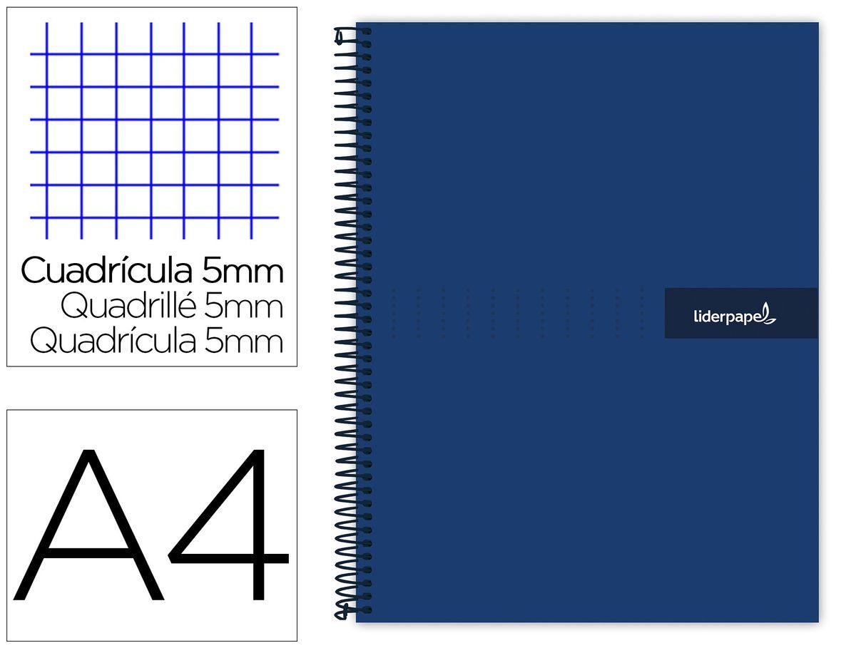 Cuaderno espiral liderpapel a4 micro crafty tapa forrada 120h 90 gr cuadro 5 mm 5 bandas 4 colores color azul