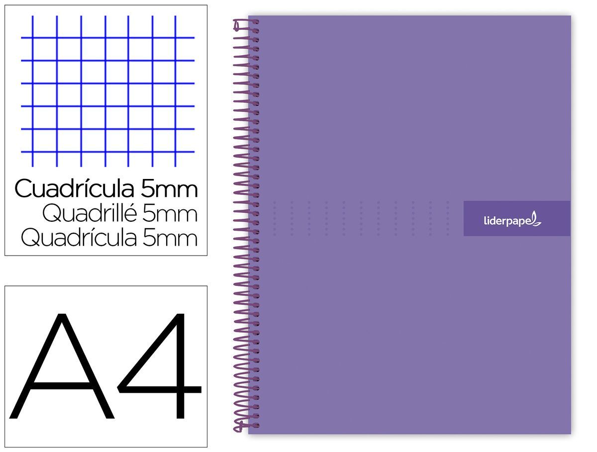 Cuaderno espiral liderpapel a4 micro crafty tapa forrada 120h 90gr cuadro 5mm 5 bandas 4 taladros color violeta