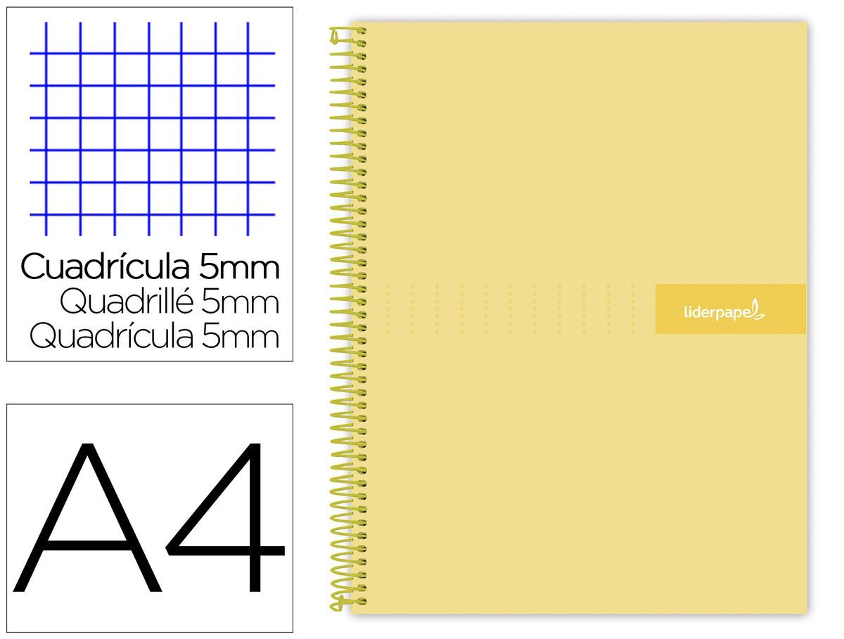 Cuaderno espiral liderpapel a4 micro crafty tapa forrada 120h 90gr cuadro 5mm 5 bandas 4 taladros color amarillo