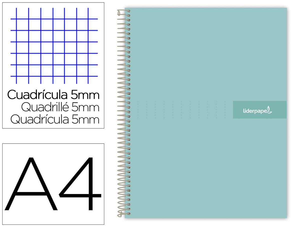 Cuaderno espiral liderpapel a4 micro crafty tapa forrada 120h 90gr cuadro 5mm 5 bandas 4 taladros color turquesa