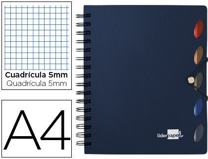 Cuaderno Espiral Liderpapel A4 Micro Executive Tapa Plastico 100H 80 Gr Cuadro 5Mm 5 Separadores con Gomilla Azul