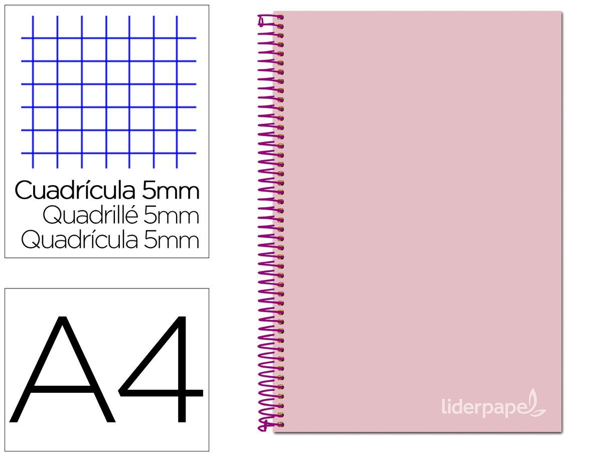 Cuaderno espiral liderpapel a4 micro jolly tapa forrada 140h 75 gr cuadro 5mm 5 bandas 4 taladros color rosa