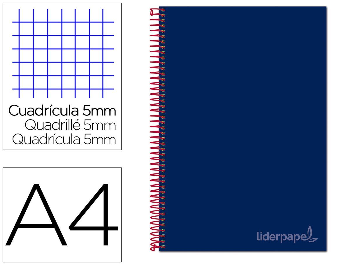 Cuaderno espiral liderpapel a4 micro jolly tapa forrada 140h 75 gr cuadro 5mm 5 bandas 4 taladros color azul
