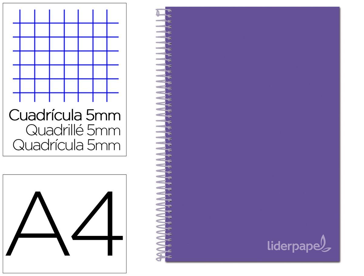 Cuaderno espiral liderpapel a4 micro jolly tapa forrada 140h 75 gr cuadro 5mm 5 bandas 4 taladros color lila