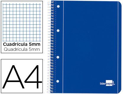 Cuaderno Espiral Liderpapel A4 Micro Serie Azul Tapa Blanda 80H 80 Gr Cuadro5Mm con Margen 4 Taladros Azul