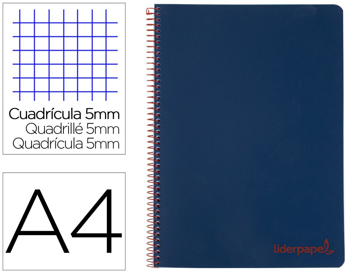 Cuaderno espiral liderpapel a4 micro wonder tapa plastico 120h 90 gr cuadro 5 mm 5 banda4 taladros color azul marino
