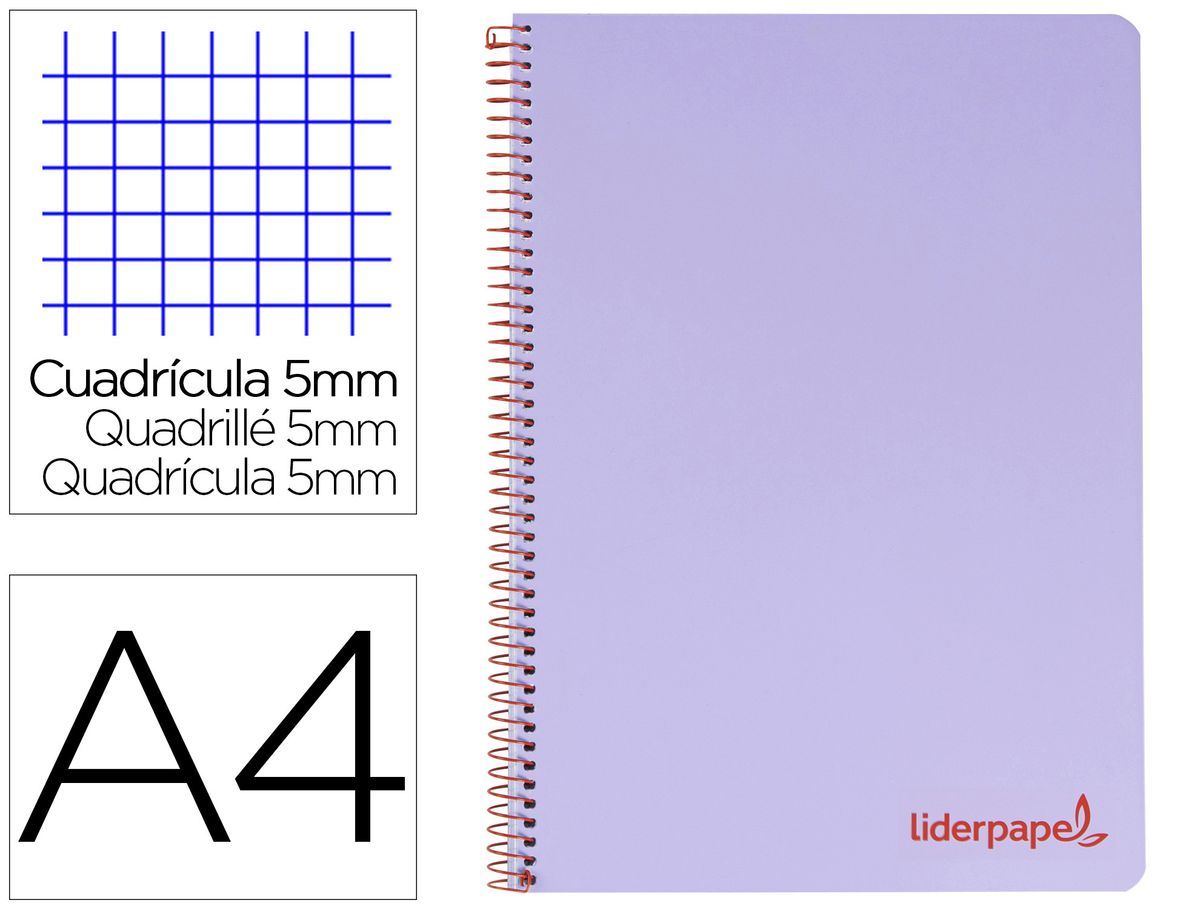 Cuaderno espiral liderpapel a4 micro wonder tapa plastico 120h 90 gr cuadro 5 mm 5 banda4 taladros color lila