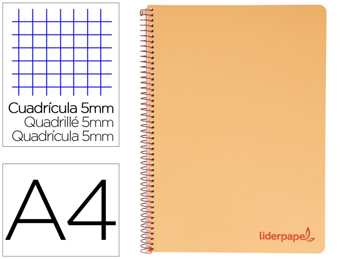 Cuaderno espiral liderpapel a4 micro wonder tapa plastico 120h 90 gr cuadro 5 mm 5 banda4 taladros color naranja