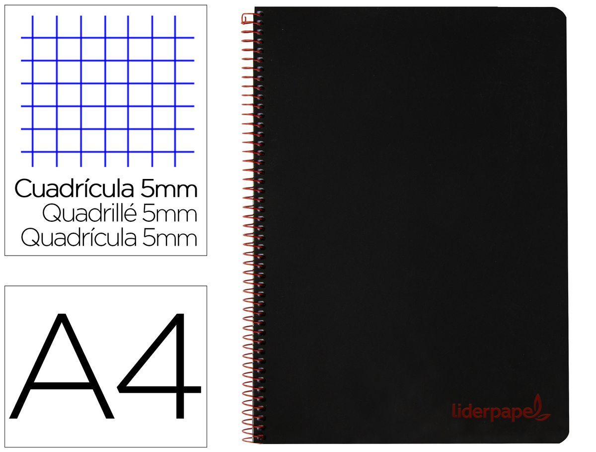 Cuaderno espiral liderpapel a4 micro wonder tapa plastico 120h 90 gr cuadro 5 mm 5 bandas 4 taladros color negro