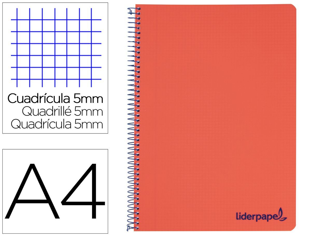 Cuaderno espiral liderpapel a4 micro wonder tapa plastico 120h 90 gr cuadro 5 mm 5 bandas 4 taladros color rojo