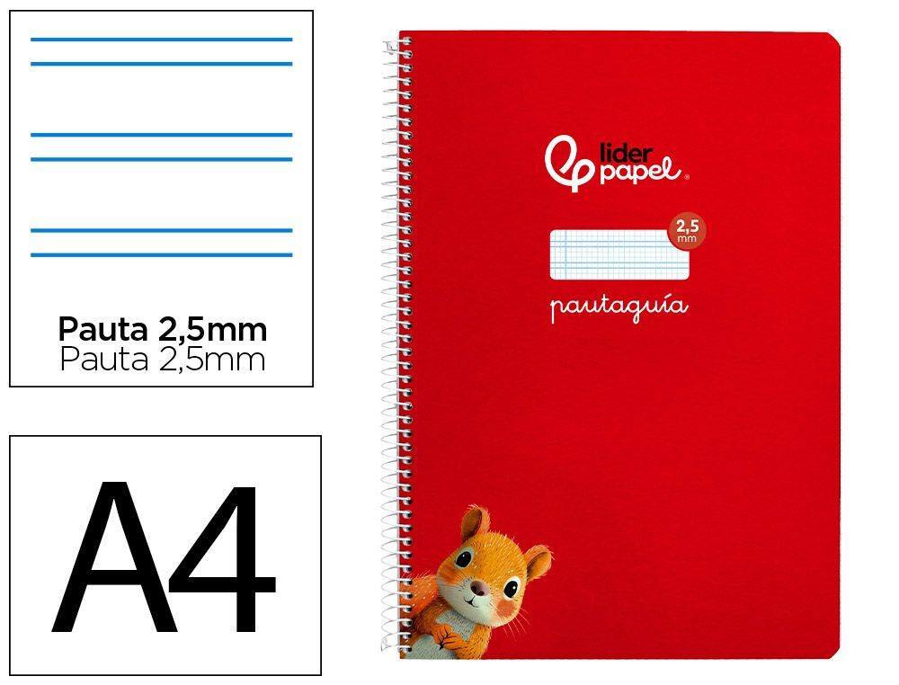 Cuaderno espiral liderpapel A4 pautaguia tapa blanda 80h 75 gr cuadro pautado 2,5mm color rojo