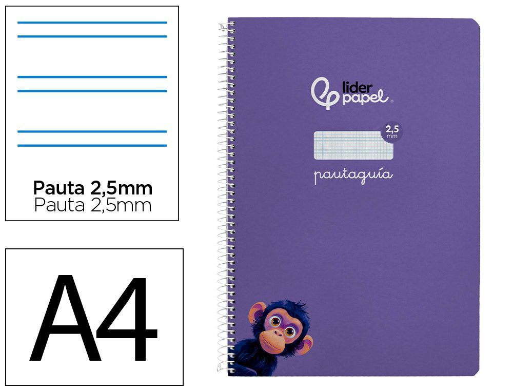 Cuaderno espiral liderpapel A4 pautaguia tapa blanda 80h 75 gr cuadro pautado 2,5mm color lila