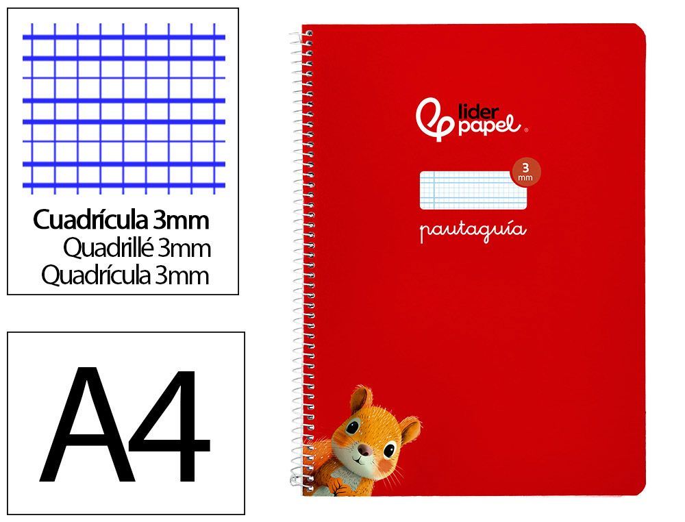 Cuaderno espiral liderpapel A4 pautaguia tapa blanda 80h 75 gr cuadro pautado 3mm color rojo