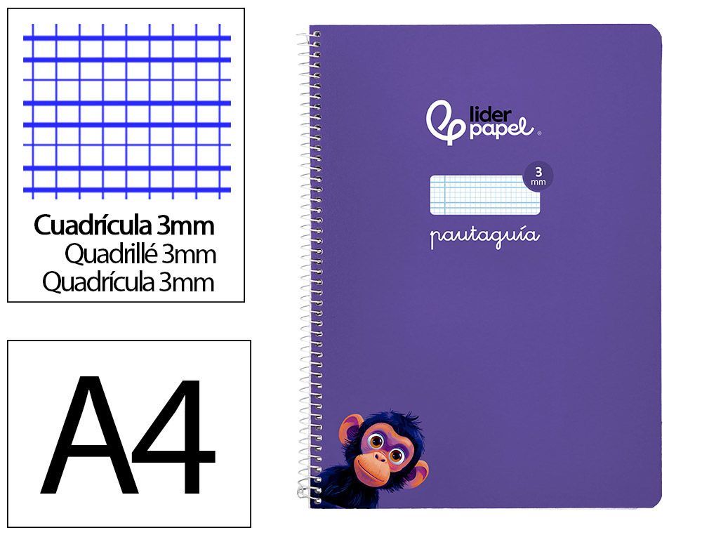 Cuaderno espiral liderpapel A4 pautaguia tapa blanda 80h 75 gr cuadro pautado 3mm color lila