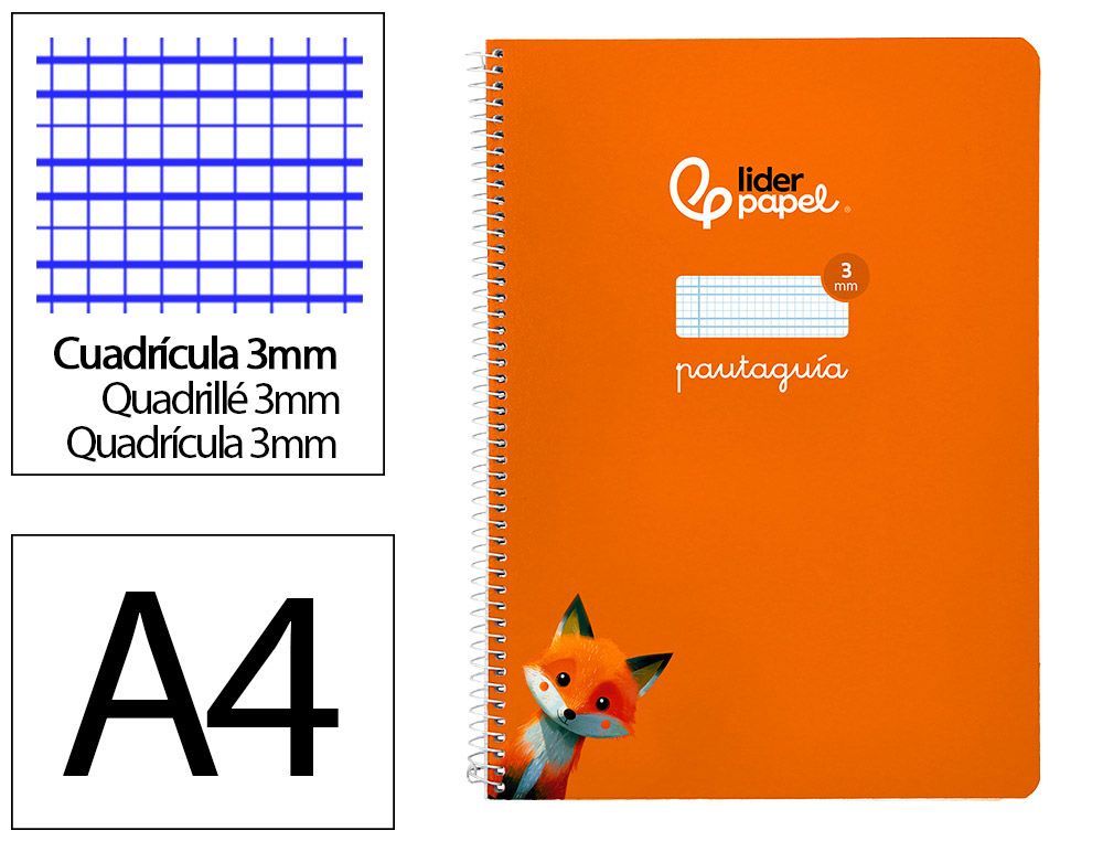 Cuaderno espiral liderpapel A4 pautaguia tapa blanda 80h 75 gr cuadro pautado 3mm color naranja