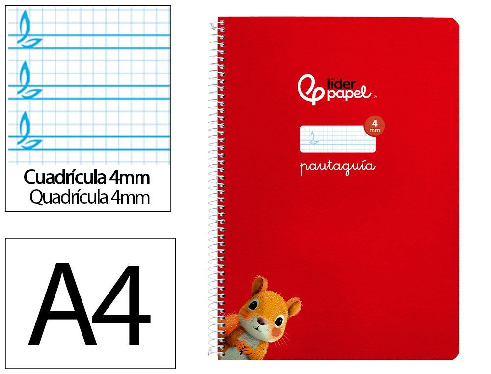 Cuaderno espiral liderpapel A4 pautaguia tapa blanda 80h 75 gr cuadro pautado 4mm color rojo