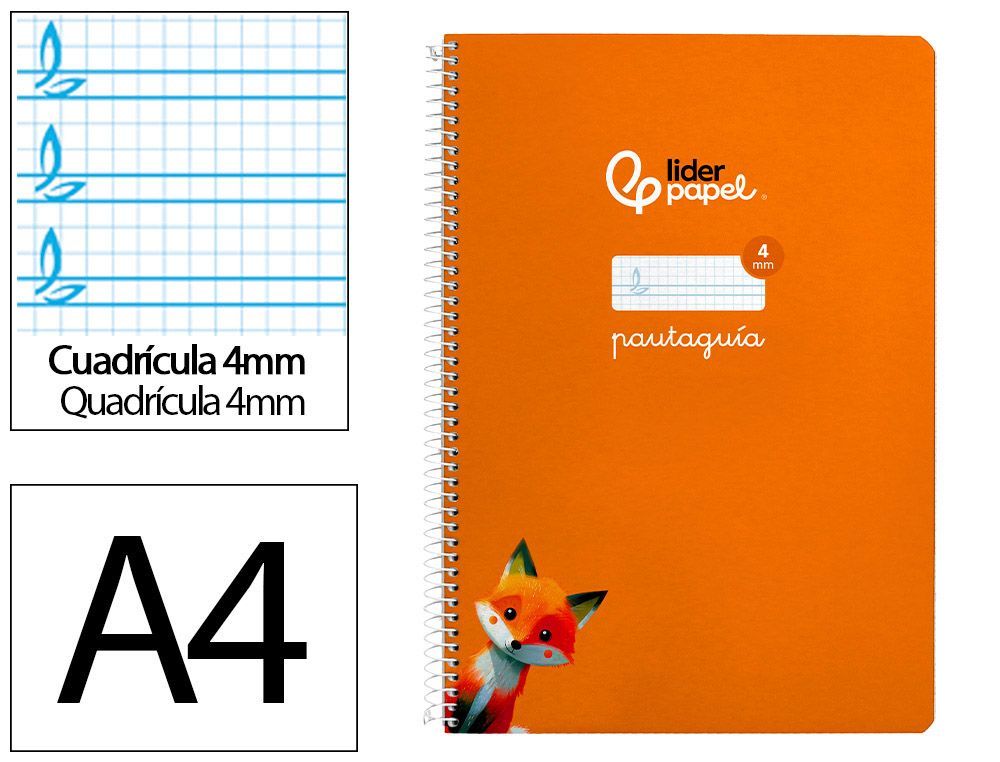 Cuaderno espiral liderpapel A4 pautaguia tapa blanda 80h 75 gr cuadro pautado 4mm color naranja