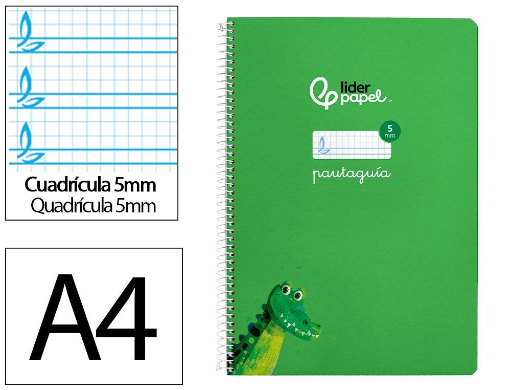 Cuaderno espiral liderpapel A4 pautaguia tapa blanda 80h 75 gr cuadro pautado 5mm color verde