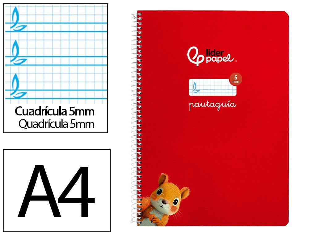 Cuaderno espiral liderpapel A4 pautaguia tapa blanda 80h 75 gr cuadro pautado 5mm color rojo