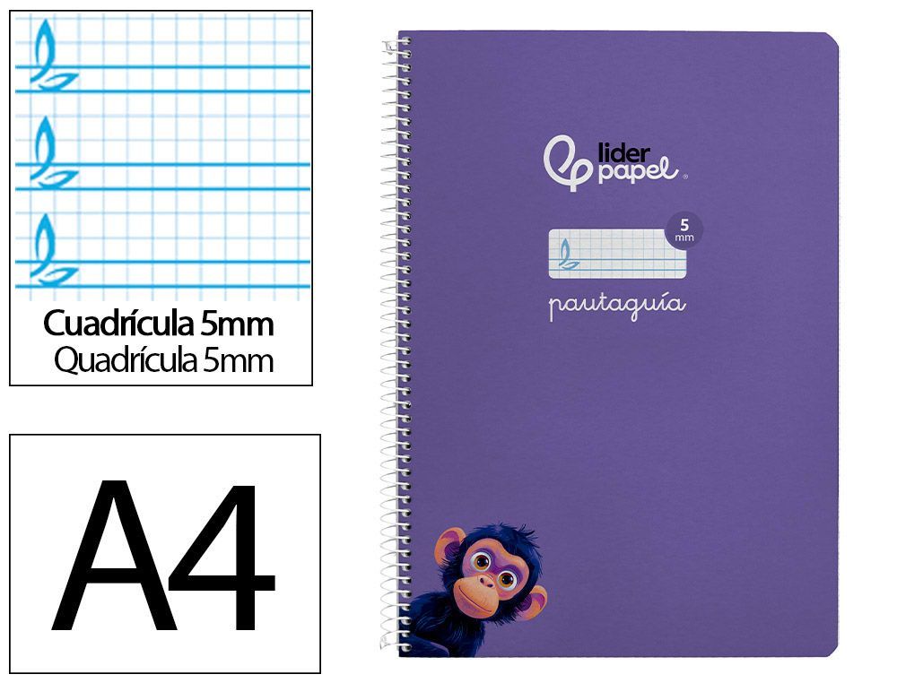 Cuaderno espiral liderpapel A4 pautaguia tapa blanda 80h 75 gr cuadro pautado 5mm color lila