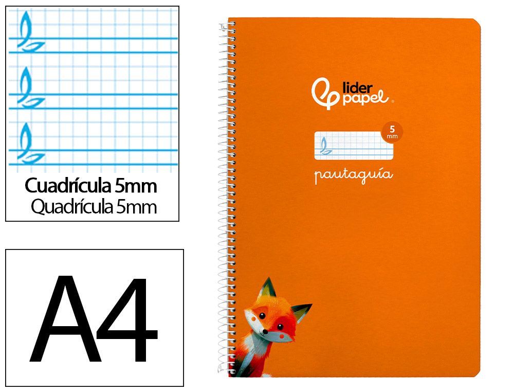 Cuaderno espiral liderpapel A4 pautaguia tapa blanda 80h 75 gr cuadro pautado 5mm color naranja
